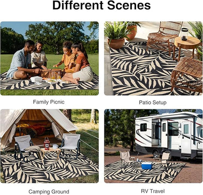 OLANLY Waterproof Outdoor Rug 9x12 ft, Reversible Outdoor Plastic Straw Rug with Leaf Pattern, RV Mat, Indoor Outdoor Carpet for Patio, Camping, Balcony, Deck, Backyard, Black & Beige