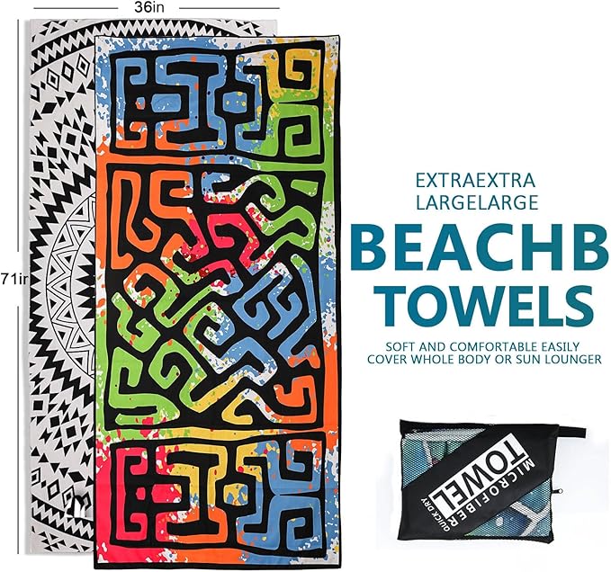 Microfiber Beach Towels 2 Packs, Oversized Quick-Dry Towels for Adults, Lightweight Thin Towels (72" x 36") for Swimming, Beach, Camping