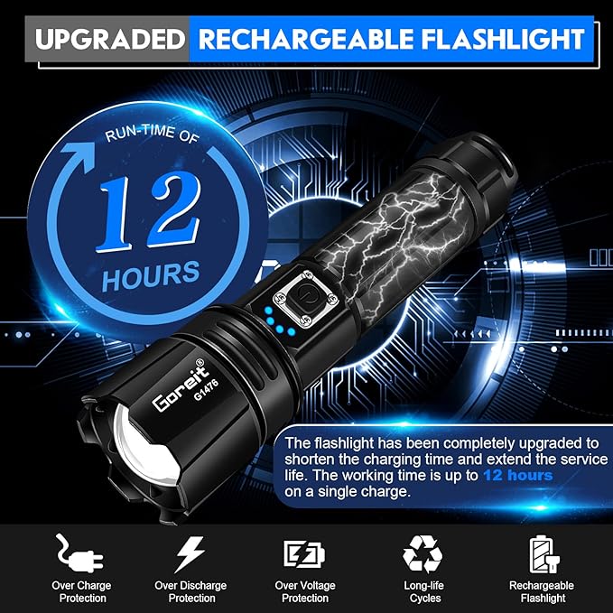 Goreit Flashlight High Lumens Rechargeable, 950000 Lumen Led Flashlights XHP70.2 USB Super Bright Flash Light Battery Powered, Powerful Handheld Flashlights for Emergencies Camping, IP67 Waterproof