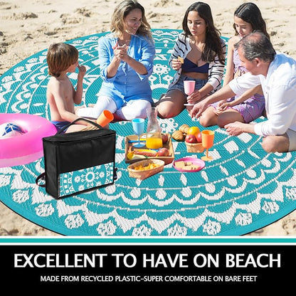 Capslpad 10Ft Round Outdoor Rug for Patio Clearance Boho Reversible Mat Waterproof Outdoor Plastic Straw RV Camping Rug Outside Circle Area Rug for Porch Deck Terrace Picnic Beach Apartment, Teal
