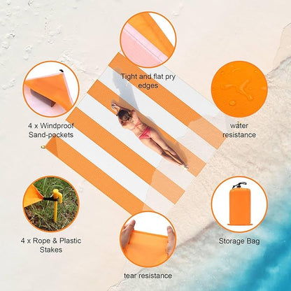 Beach Blanket Sandproof Waterproof, Large Beach Mat Lightweight Portable Quick Drying for Picnic Camping Hiking Travel Beach Accessories (1, Orangewhite, 83x79 Inches)