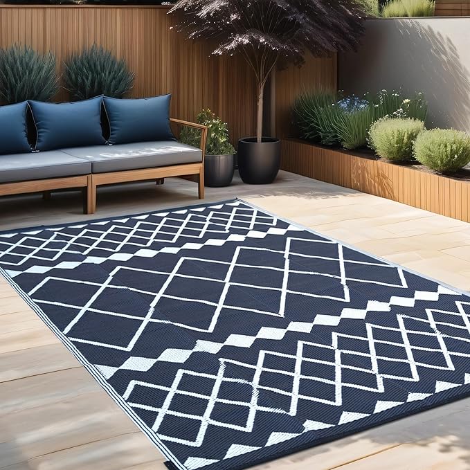 RURALITY Outdoor Rugs 9x12 for Patios Clearance,Large Waterproof Rug for Deck,Backyard,Balcony,Plastic Straw Mats for Camping,Reversible,Geometric