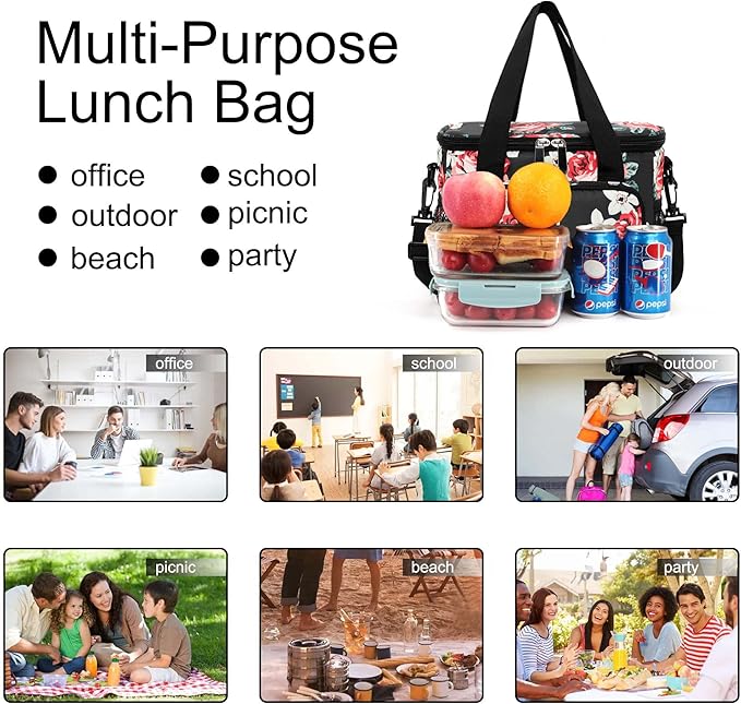 Femuar Lunch Bags for Women/Men, Insulated Lunch Bag for Work Office Picnic - Lunch Cooler Bag Leakproof Lunch Box with Adjustable Shoulder Strap - Black Floral