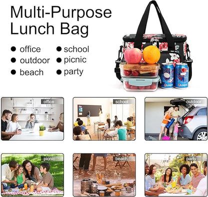 Femuar Lunch Bags for Women/Men, Insulated Lunch Bag for Work Office Picnic - Lunch Cooler Bag Leakproof Lunch Box with Adjustable Shoulder Strap - Black Floral