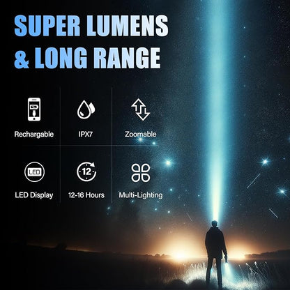Rechargeable Flashlights High Lumens - 900000LM Super Bright Flashlight - LED Flashlight with LCD Display, Zoomable, Waterproof, Handheld Flashlights for Emergencies, Camping - 2 Pack, Medium