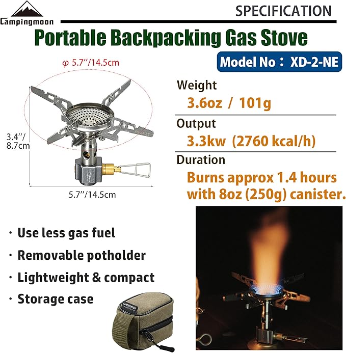 CAMPINGMOON Canister Stove Compact Foldable w/Micro Regulator 4Flex w/o igniter XD-2-NE