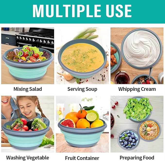 Collapsible Bowls, 3pcs Food Grade Silicone Camping Bowl Salad Bowl with lids, Portable Expandable Lunch Box Food Storage Container for Camping Travel and Picnic