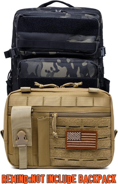 Tactical Molle Admin Pouch of Laser Cut Design,Medical EMT Organizer with Phone Pouch,EDC EMT Pack IFAK Tool Holder with US Patch (Large Brown Include Accessories)