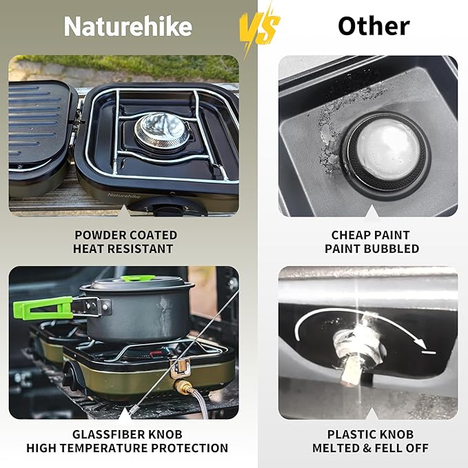 Naturehike Mirage 2 Burner Folding Camping Stove with Griddle, Portable Camp Gas Stove with 16000 BTU, 2 Adjustable Burners & Piezo Ignition, Compatible with Blend Isobutane Fuel