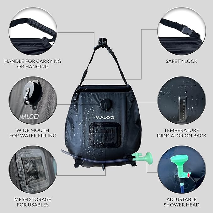 Malo'o 5 gallon/20L Portable Solar Shower Bag, Solar Heating Camping Shower Bag with Removable Hose and On-Off Switchable Shower Head for Camping Gear, Surfing, Beach, Swimming, Outdoor Travel, hiking