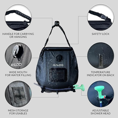 Malo'o 5 gallon/20L Portable Solar Shower Bag, Solar Heating Camping Shower Bag with Removable Hose and On-Off Switchable Shower Head for Camping Gear, Surfing, Beach, Swimming, Outdoor Travel, hiking