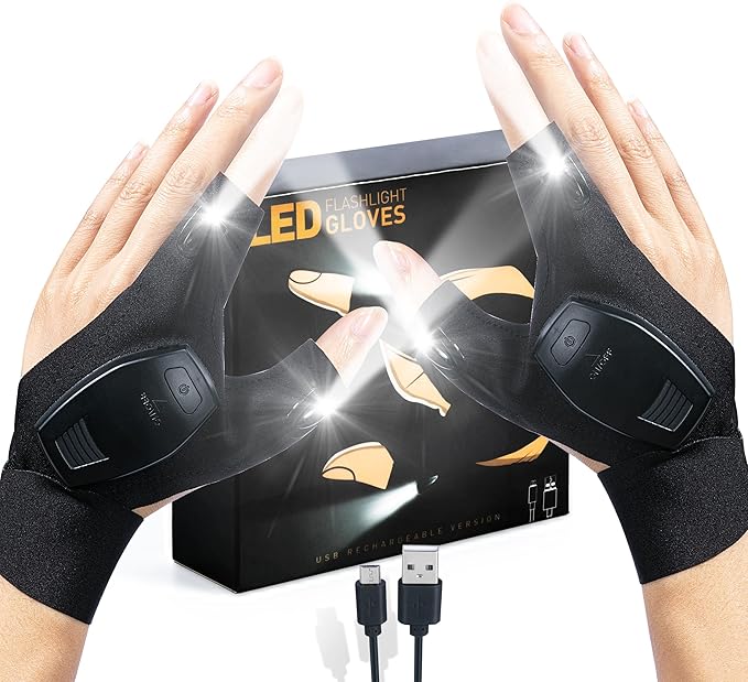 ThxToms LED Flashlight Gloves Rechargeable, for Dad Men, Christmas, Birthday Gifts for Dad Boyfriend Husband Men Him, Cool Gadgets Tools for Repairing Fishing Camping, Black
