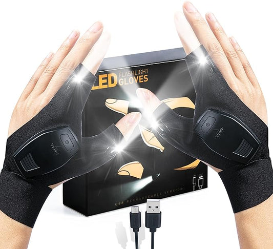 ThxToms LED Flashlight Gloves Rechargeable, for Dad Men, Christmas, Birthday Gifts for Dad Boyfriend Husband Men Him, Cool Gadgets Tools for Repairing Fishing Camping, Black