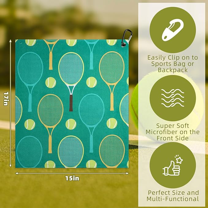 12 Pcs Tennis Gift Towel 15 x 17 Inch Absorbent Tennis Towel for Sweat Fast Drying Tennis Towel Tennis Accessories for Women Funny Hand Towel with Clip Tennis Gift for Women Men Team Sports