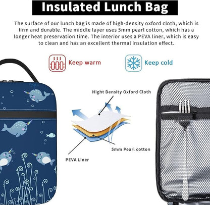 Cute Sea Narwhal Lunch Box Reusable Insulated Totes Lunch Bag Thermal Cooler For Boy Girls School Men Women Beach Picnic Travel