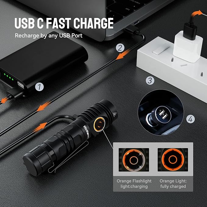Wurkkos Rechargeable LED Flashlights Max 2050 High Lumens Flashlight USB C Charging, Anduril 2.0 UI, RGB AUX Switch, IP68 Waterproof Great for Camping, Hiking, Dog Walking (Black SFT40-6500K)