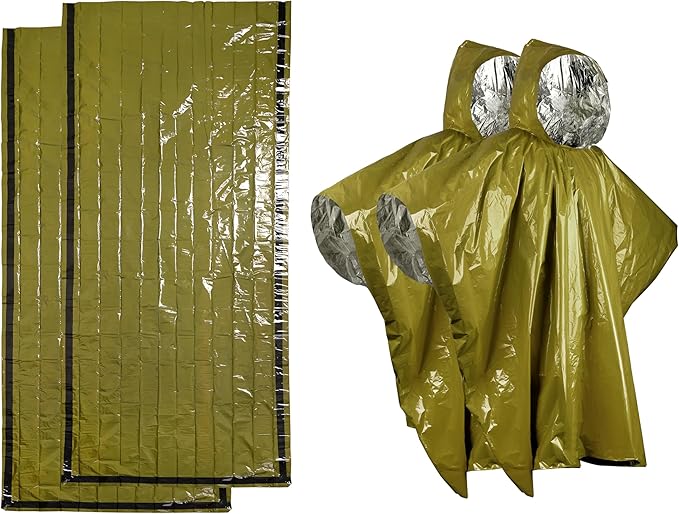 Emergency Rain Poncho & Sleeping Bag Set of 2 Green Thermal Mylar Space Blanket Sack Survival Kit for Car Activities Hiking Camping Gear Equipment