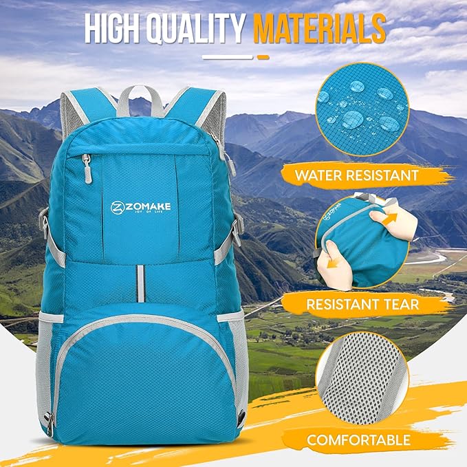 ZOMAKE Lightweight Packable Backpack 35L - Light Foldable Backpacks Water Resistant Collapsible Hiking Backpack - Compact Folding Day Pack for Travel Camping(Light Blue)