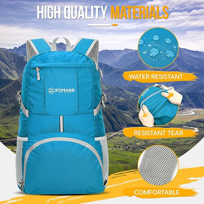 ZOMAKE Lightweight Packable Backpack 35L - Light Foldable Backpacks Water Resistant Collapsible Hiking Backpack - Compact Folding Day Pack for Travel Camping(Light Blue)