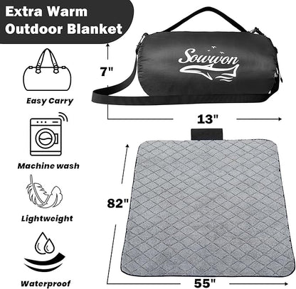 Waterproof Outdoor Blanket 82”X 55” Packable, Stadium Blankets for Camping with Sherpa Fleece Lining, Large Windproof Emergency Throw Mat for Garss Picnic Hiking Road Trip, Machine Washable, Black