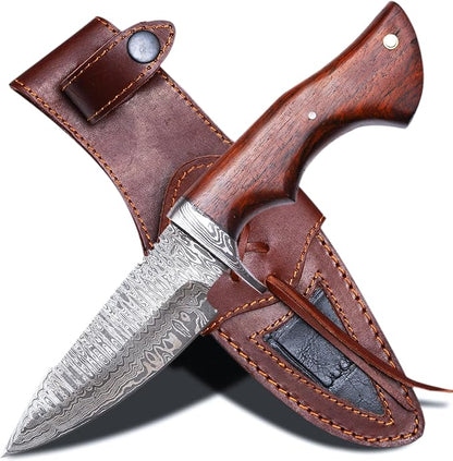 10″ Handmade Damascus Hunting Knife with Leather Sheath - Predator Hunter Damascus Steel Knife Ideal for Skinning, Camping and Outdoor - EDC Fixed Blade Bushcraft Knife Full Tang
