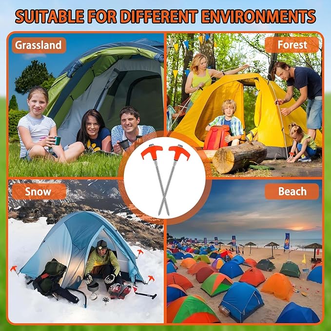 4 Pack 8" Screw in Tent Stakes Heavy Duty Ground Anchors, Tent Pegs Metal Tent Spikes Camping Tent Stakes with Hex Head Driver & Nail Extractor for Outdoor, Camping, Canopy, Gardening, Beach