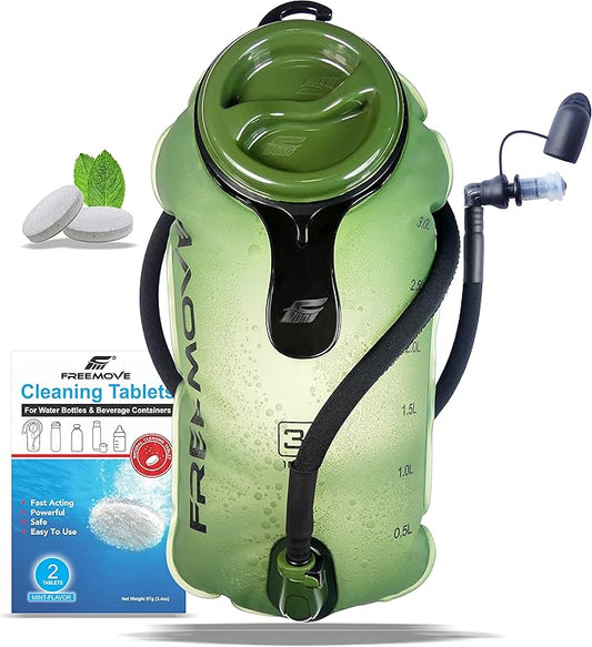 FREEMOVE Hydration Bladder 2L / 3L Water Bladder for Hiking Backpack >Blue or Green< Leak Proof Hydration Pack, Tasteless & BPA Free, TPU Water Reservoir, Quick Release Insulated Tube & Shutoff Valve