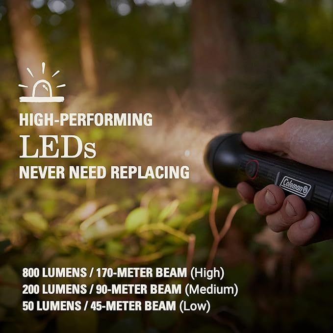 Coleman Classic Recharge 800/1500 Lumens Premium Flashlight, Impact & Water-Resistant Lightweight Flashlight with Rechargeable Battery, LEDs Never Need Replacing, Great for Camping or Emergencies