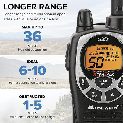 Midland® - GXT1000AZ - 50 Channel GMRS Two-Way Radio - Long Range Walkie Talkie with 142 Privacy Codes, SOS Siren, and NOAA Weather Alerts and Weather Scan (Black/Silver, Single Pack)
