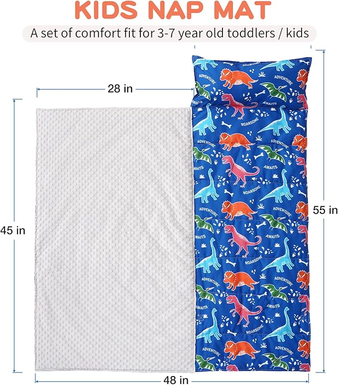 Bunnikins & Clover Toddler Nap Mat with Removable Pillow, Nap Mats for Preschool, Easy Clean Toddler Nap Pad for Kindergarten, Kids Sleeping Bag for Travel Camping