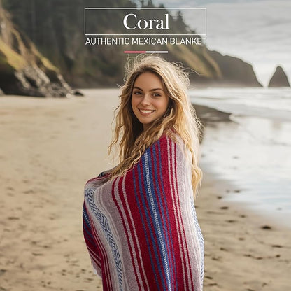 Authentic Large Handwoven Mexican Blanket - Soft Yoga Blanket - Durable Serape Blanket - Lightweight Falsa Blanket, Beach Blanket, Camping Blanket, Picnic Blanket, Outdoor Blanket 70"x50" - Coral