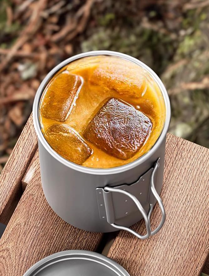 Titanium Camping Mug 300ml/10.1oz Lightweight Titanium Pot with Lid Foldable Handle Tea Cup Coffee for Outdoor Backpacking Hiking Traveling Picnic