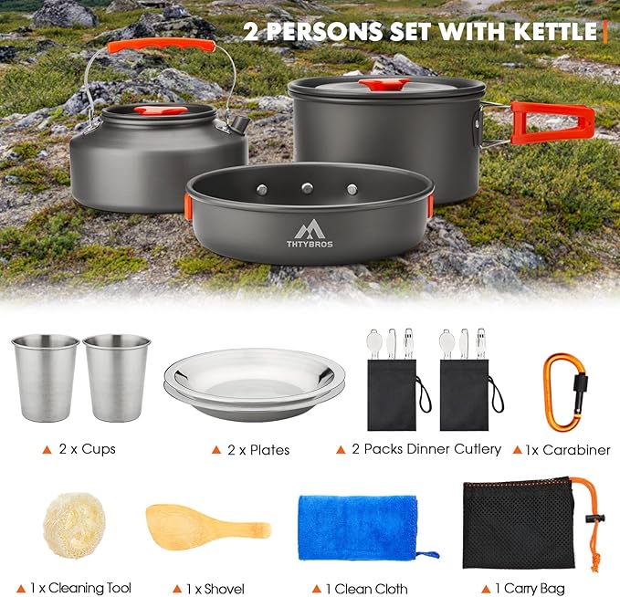 17pcs Camping Cookware Mess Kit, Non-Stick Pot Pan 1.1L Kettle Set with 2 set Stainless Steel Cups Plates Forks Knives Spoons for Hiking,Camping,Backpacking,Outdoor Cooking and Picnic