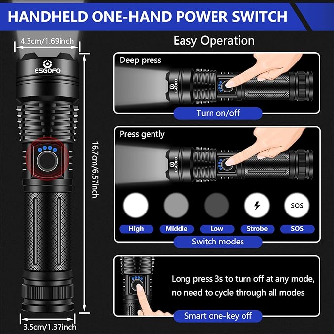 Esgofo Flashlights High Lumens Rechargeable,1000000 Lumens Super Bright Handheld LED Flash Light,Powerful Emergency Linternas, Waterproof, Long Lasting, for Hiking Camping Gift