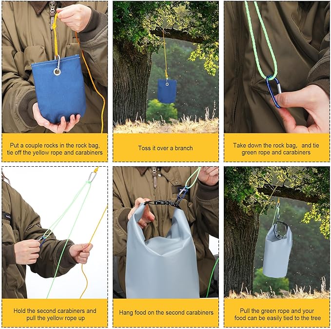 2 Sets Bear Food Bag Hanging System Ultralight Food Bag Hanging System Include 10 L Waterproof Bear Bag for Food Backing, Pulley System, Nylon Ropes and Clips for Camping Backpacking