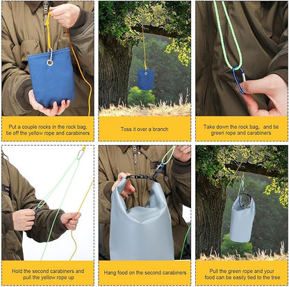 2 Sets Bear Food Bag Hanging System Ultralight Food Bag Hanging System Include 10 L Waterproof Bear Bag for Food Backing, Pulley System, Nylon Ropes and Clips for Camping Backpacking