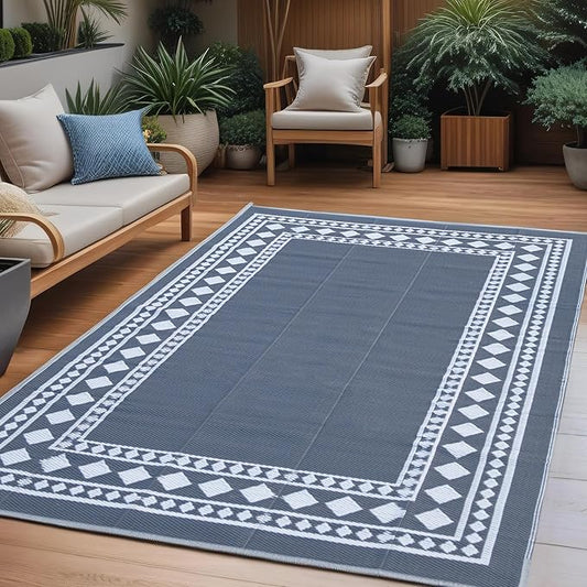 RURALITY Outdoor Rugs 5x8 Waterproof for Patios Clearance,Plastic Straw Mats for Backyard,Porch,Deck,Balcony,Grey and White