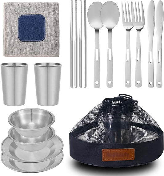 Camping Mess Kit - for camping 1 to 2 person boy scout Camp Dishes camping cooking utensils accessories plates Dinnerware Set Outdoor