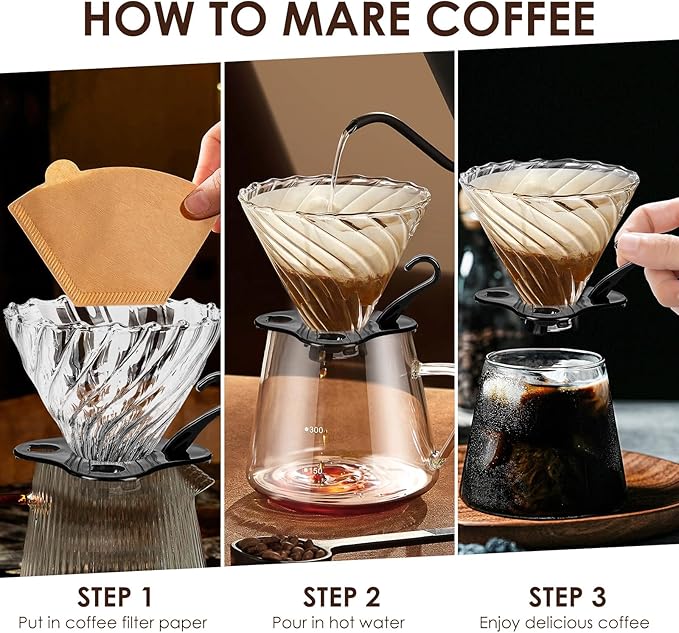 V60 Pour Over Coffee Dripper, 02 Filter For 1-4 Cups Reusable Coffee Maker 60° Heat-Resistant Glass Cone Easy-to-Clean Drip Coffee Maker Perfect for Pourover Coffee Enthusiasts