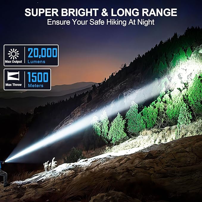Flashlights 20,000 High Lumens Rechargeable, 1500M Long Throw Super Bright LED Small Powerful Flashlight with Memory Function, 6Modes Pocket Waterproof Flash Light for Camping,Hiking,Emergency