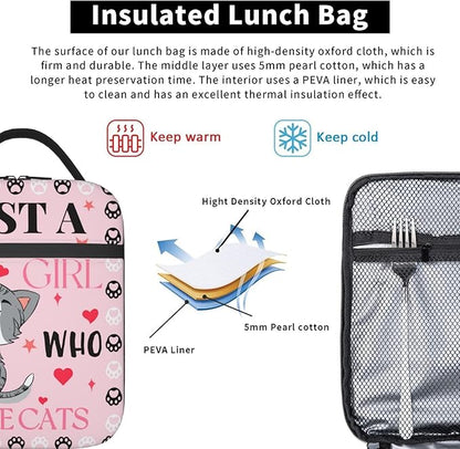 Cute Cat Pink Lunch Bag Large Capacity Heat Insulated Lunch Box, Just A Girl Who Loves Cats Leakproof Durable Portable Reusable Handbags Thermal Cooler Tote Bag for School