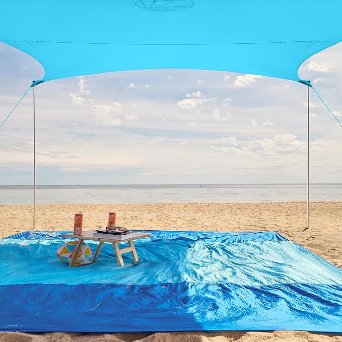 WEKAPO Beach Tent Sun Shelter - Easy Setup Beach Canopy with 4 Sturdy Poles, Large Sandbags and Shovel, 7'8'' Tall, Windproof Sun Shade for Backyard and Camping, UPF 50+ Protection