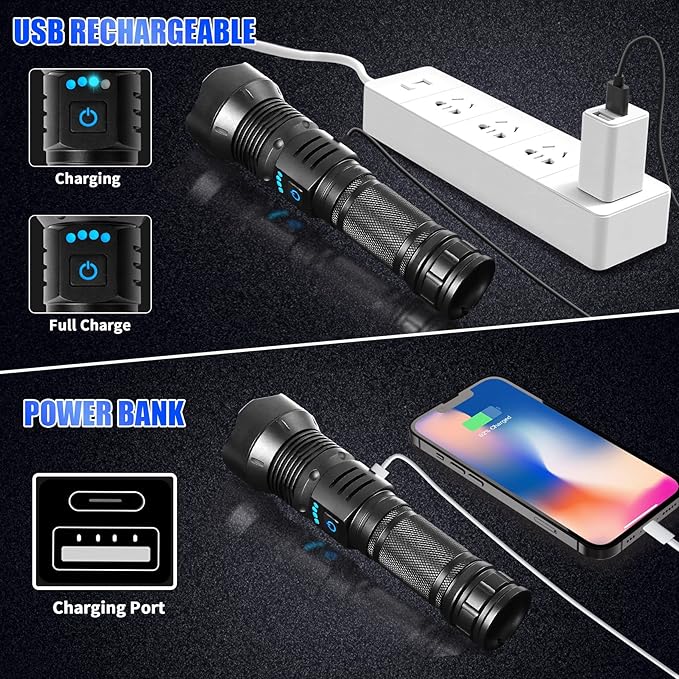 Foleto Rechargeable LED Flashlights High Lumens, 100000 Lumen Super Bright Flashlight, Powerful Tactical Handheld Flash Light, 5 Modes Zoomable Waterproof Flash Lights for Camping, Emergency