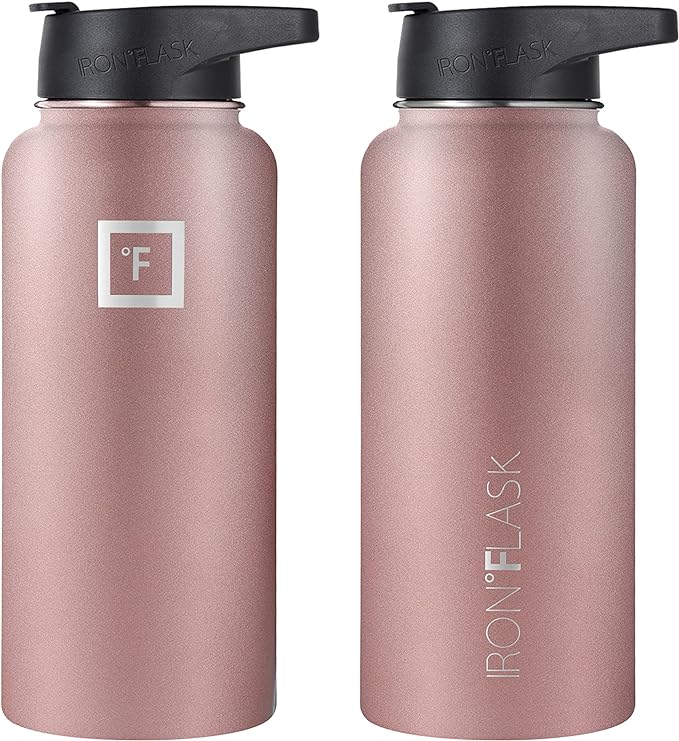 IRON °FLASK Camping & Hiking Hydration Flask, Wide Mouth, 3 Straw Lids, Stainless Steel Outdoor Water Bottle, Double Walled, Insulated Thermos, Metal Canteen - Rose Gold, 32 Oz