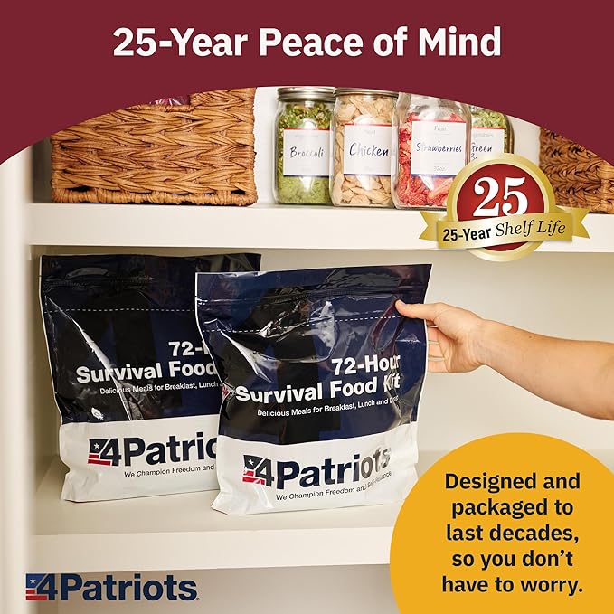 4Patriots 72-Hour Survival Food Kit: Disaster-Resistant Emergency Food With Incredible Variety Designed to Last 25 Years in Emergency Food Pouches, 20 Servings of Delicious Freeze-Dried Food, Emergency Rations For Your Disaster Food Supply