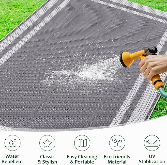 HappyTrends Outdoor Rug Reversible Portable Plastic Straw Camping Rugs for Outside RV,Large Waterproof Outdoor Area Rugs for Patio,Deck,Porch,Balcony(8'x 10',White&Gray)