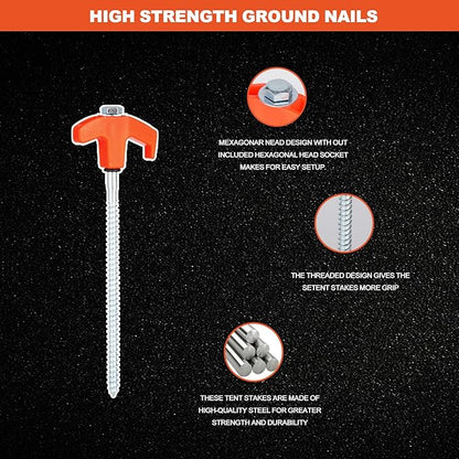 10PCS Camping Tent Stakes Heavy Duty,8 Inch Screw in Tent Stakes Heavy Duty,Nightglow Metal Tent Stakes,with Hex Head Driver,Nail Lifter,Ropes,Orange