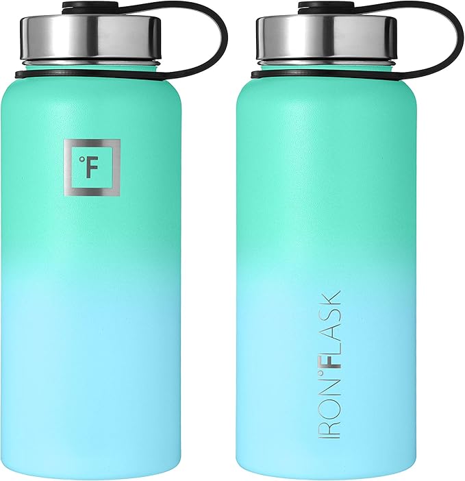 IRON °FLASK Camping & Hiking Hydration Flask, Wide Mouth, 3 Straw Lids, Stainless Steel Outdoor Water Bottle, Double Walled, Insulated Thermos, Metal Canteen - Sky, 32 Oz