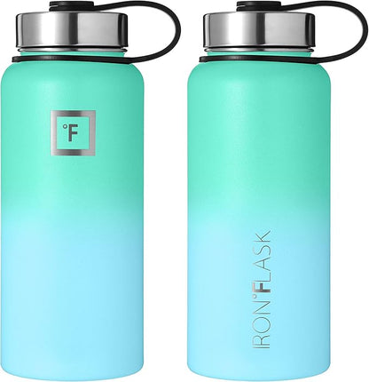 IRON °FLASK Camping & Hiking Hydration Flask, Wide Mouth, 3 Straw Lids, Stainless Steel Outdoor Water Bottle, Double Walled, Insulated Thermos, Metal Canteen - Sky, 32 Oz