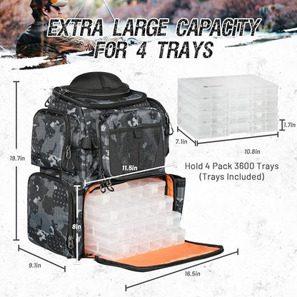 48L Large Fishing Tackle Backpack With Rod Holders, 4 Tackle Box, Protective Rain Cover - Water Resistant Storage Bag for Camping, Hiking, Hunting